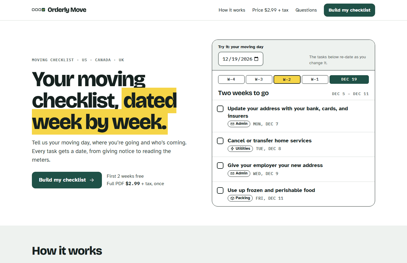 The Orderly Move home page on desktop: a live sample week that re-dates as you change the moving day