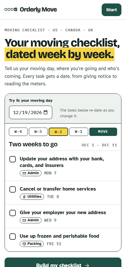 The Orderly Move home page on a phone