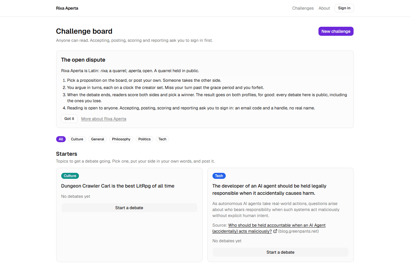 The Rixa Aperta challenge board on desktop: how a debate works, topic filters and starter propositions