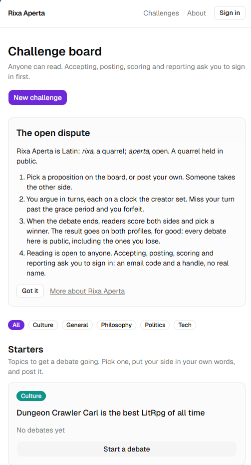 The Rixa Aperta challenge board on a phone